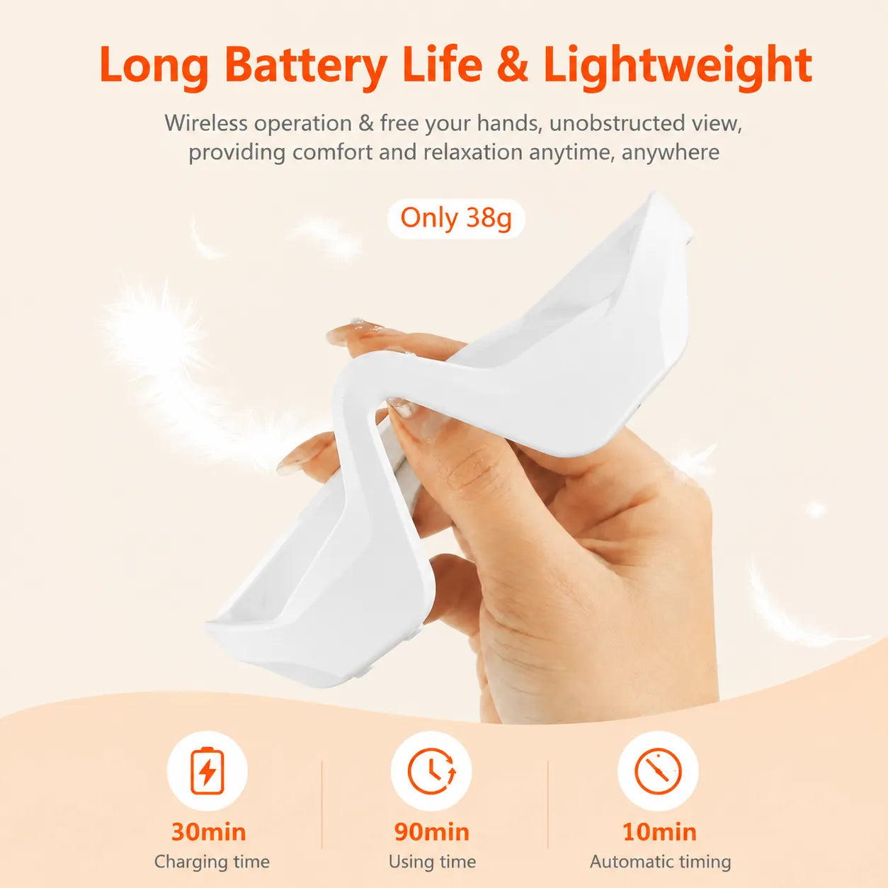 A hand holding a white, high-heeled, minimalist electronic massager. The image features promotional text at the top about long battery life and lightweight design, and three feature icons at the bottom detailing charging, usage, and automatic timing times.