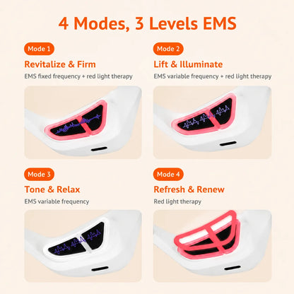 An informational graphic showing a white LED neck and face massager in four modes: Mode 1 Revitalize & Firm, Mode 2 Lift & Illuminate, Mode 3 Tone & Relax, and Mode 4 Refresh & Renew. The graphic highlights different light patterns and red light therapy options on the massager's face and neck contours against a light beige background with orange text.