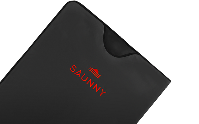 SAUNNY infrared sauna blanket in black with logo, featuring a comfortable top opening, ideal for at-home heat therapy.
