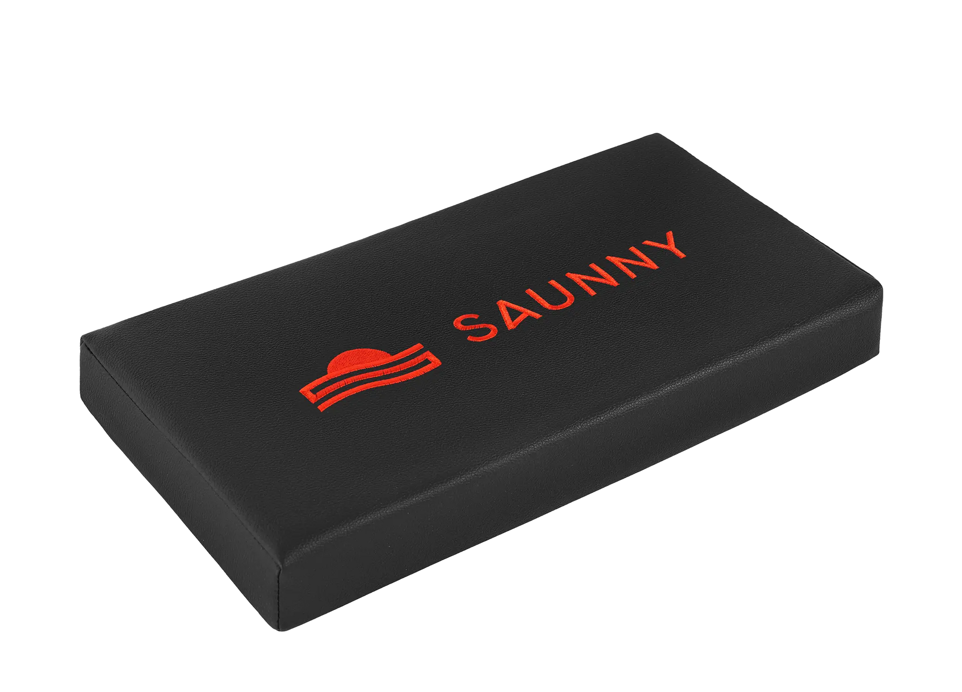 Angled view of the SAUNNY sauna blanket pillow showing its sleek rectangular design and ergonomic form