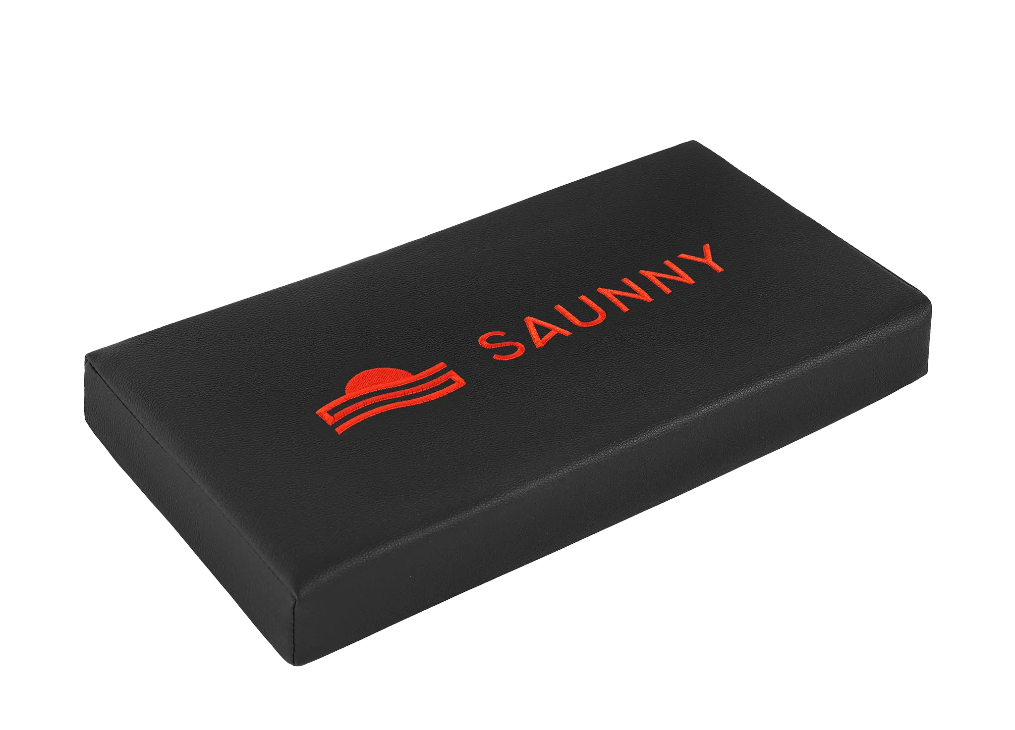 Angled view of the SAUNNY sauna blanket pillow showing its sleek rectangular design and ergonomic form