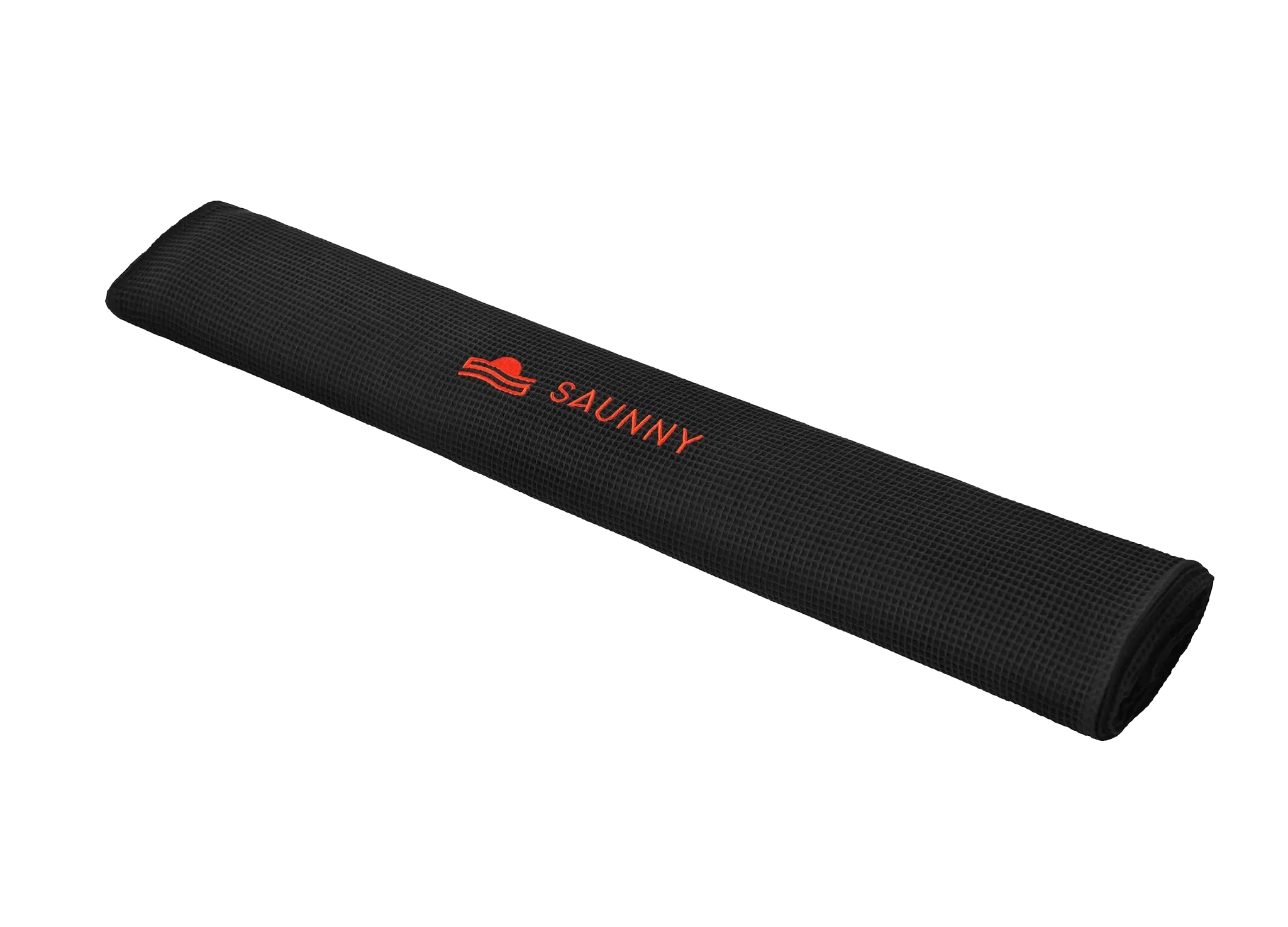 Rolled SAUNNY blanket insert in black waffle cotton texture, featuring the logo embroidered at the center.