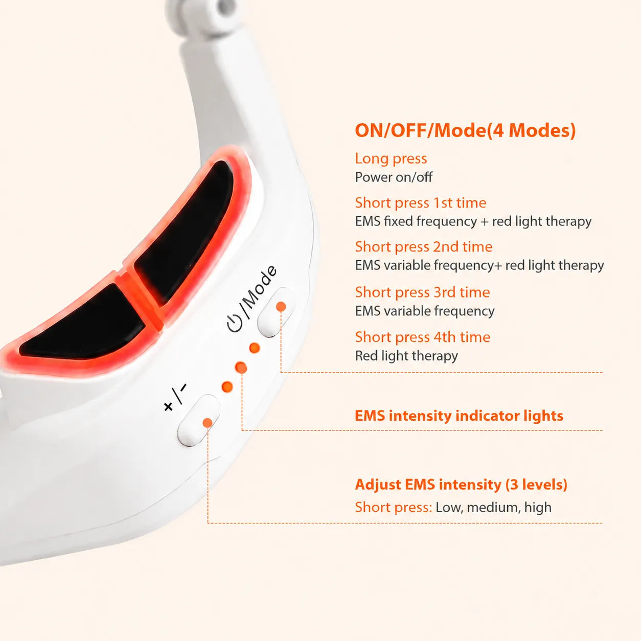 White handheld red light therapy device with orange trim and white buttons, shown on a pale beige background with orange text explaining modes, light presses, and intensity settings.