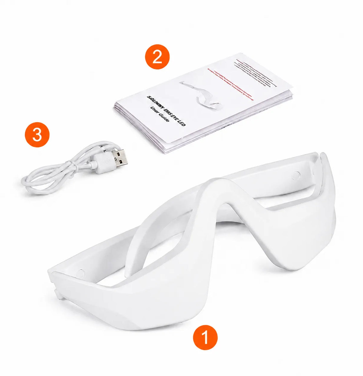 White LED eye mask glasses shown with a white USB charging cable and a folded user manual, arranged on a clean white background with numbered orange circles (1, 2, 3) indicating included components.