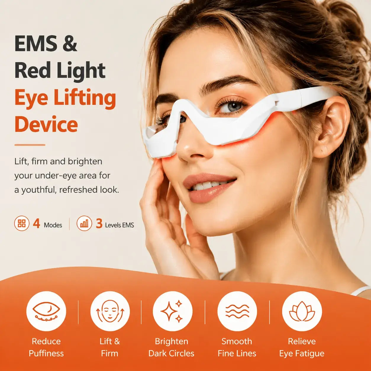 A woman wearing a white EMS & Red Light Eye Lifting Device with orange-red light shining around the eye area, set against a light beige background with promotional text and feature icons at the bottom.