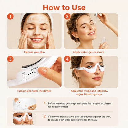 An instructional graphic titled 'How to Use' showing a four-step guide on how to use an eye mask device for EMS facial treatment. The steps include cleansing the skin, applying serum or gel, turning on and wearing the device, and adjusting the mode and intensity.