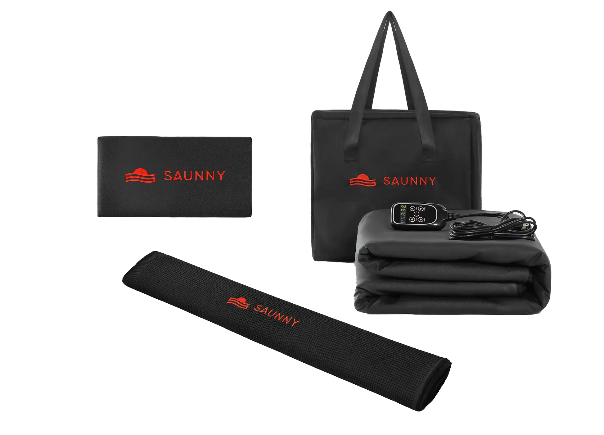 Full SAUNNY Infrared Sauna Bundle including blanket, insert, pillow, controller, carry bag, and user manual.