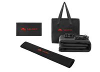 Full SAUNNY Infrared Sauna Bundle including blanket, insert, pillow, controller, carry bag, and user manual.