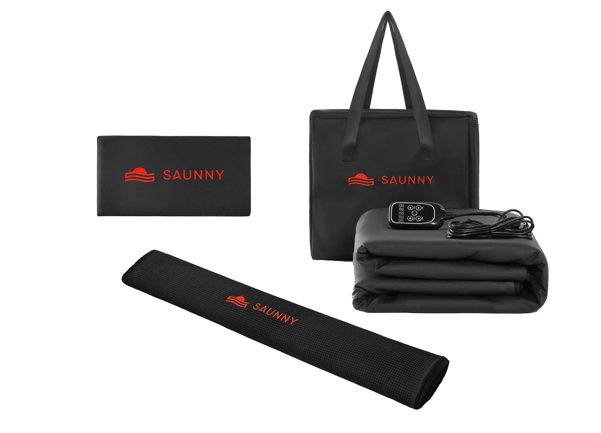 Full SAUNNY Infrared Sauna Bundle including blanket, insert, pillow, controller, carry bag, and user manual.