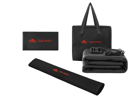 Full SAUNNY Infrared Sauna Bundle including blanket, insert, pillow, controller, carry bag, and user manual.