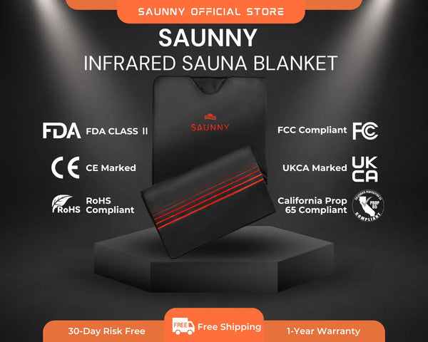 Saunny infrared sauna blanket with certification logos on a dark background