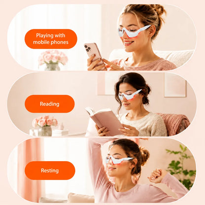 Three-panel lifestyle graphic showing a woman wearing white over-ear gaming or listening glasses in different scenarios: playing with a mobile phone, reading a book, and resting with her arms raised. Each panel has an orange label with white text.