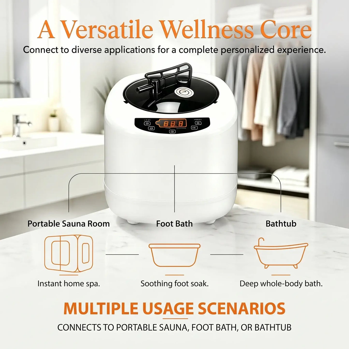 Portable wellness device with text highlighting its versatility and multiple usage scenarios in a bathroom setting.
