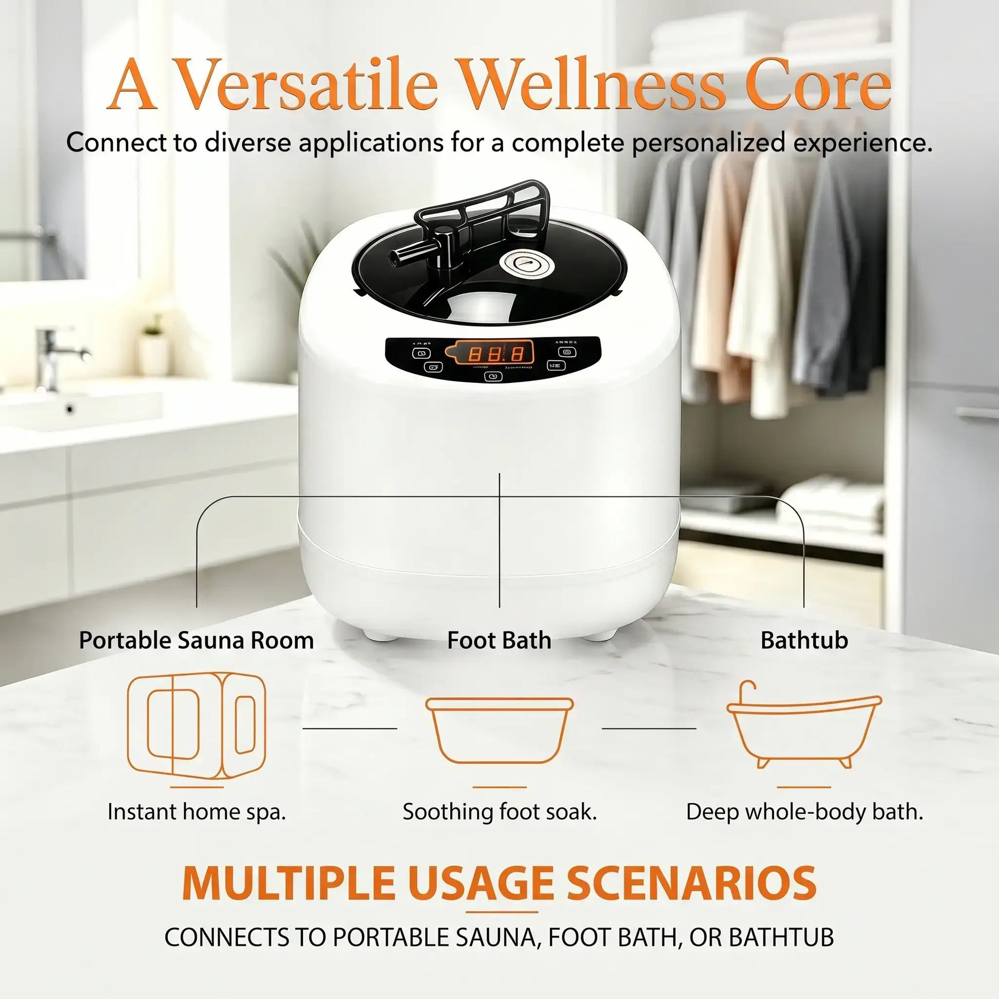 Portable wellness device with text highlighting its versatility and multiple usage scenarios in a bathroom setting.