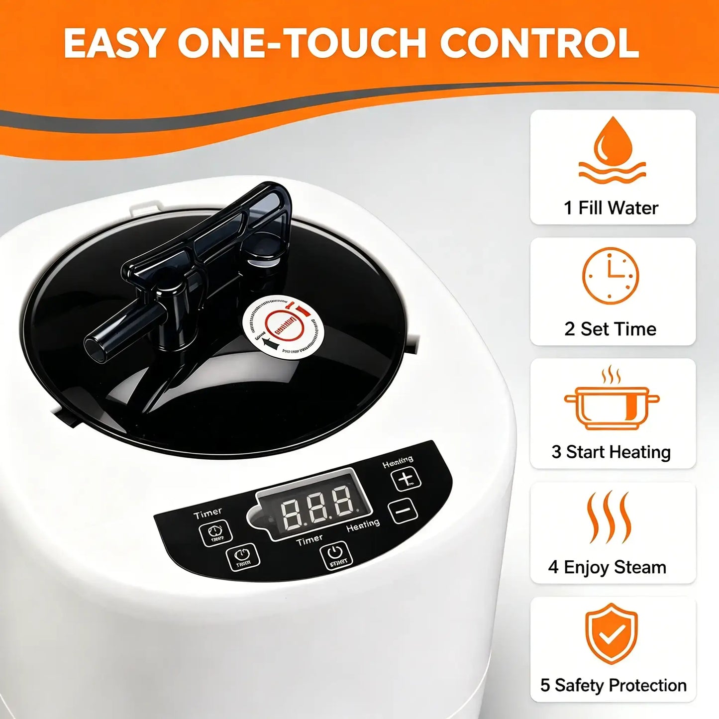 Portable home steam sauna steamer with easy one-touch digital control panel and 5-step simple operation guide.