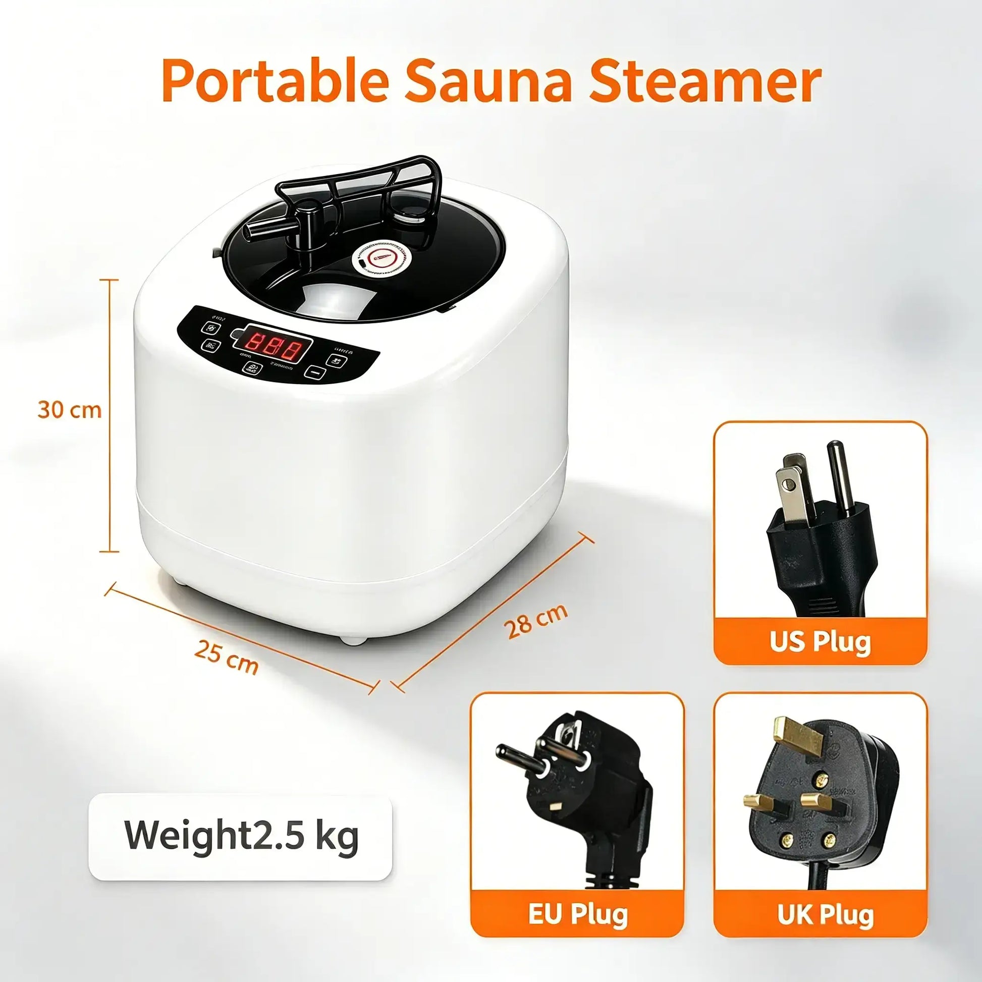 Portable sauna steamer with dimensions, weight, and plug type information on a white background.