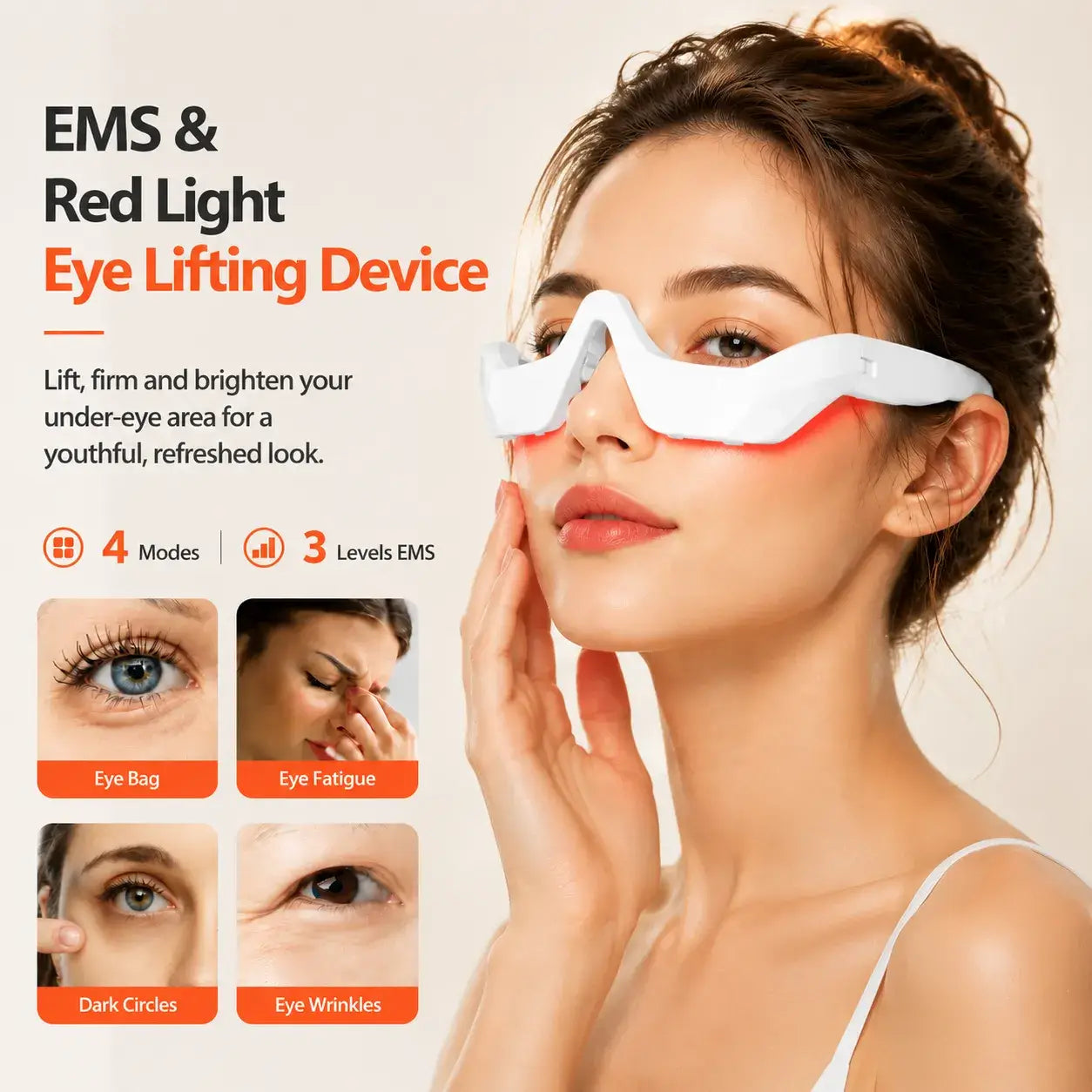 A woman wearing a white EMS & Red Light Eye Lifting Device with red light glowing from the inner edges, shown against a light beige background with promotional text and before/after eye close-ups.