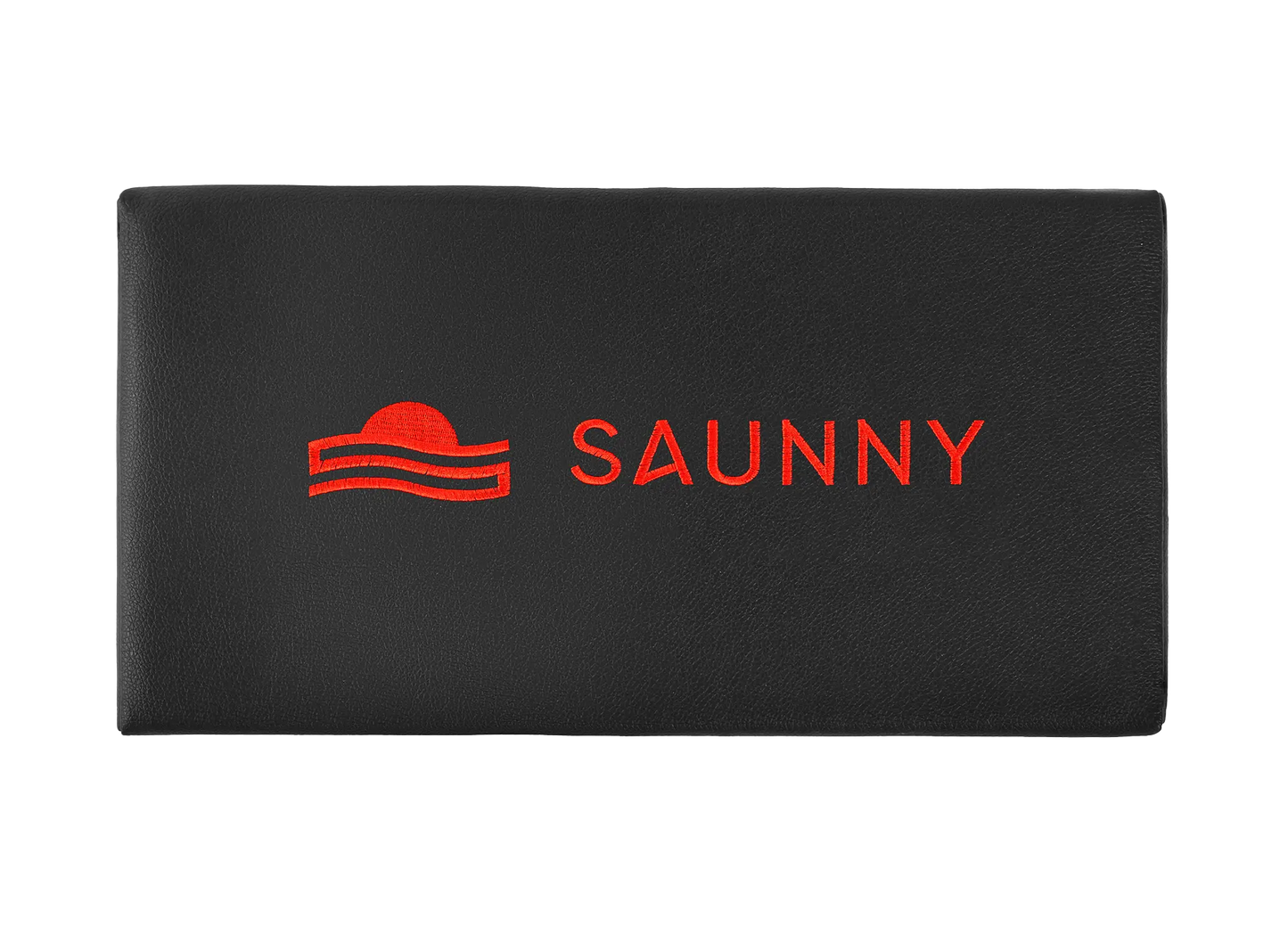 SAUNNY sauna blanket pillow top view, featuring the logo on black premium PU leather surface