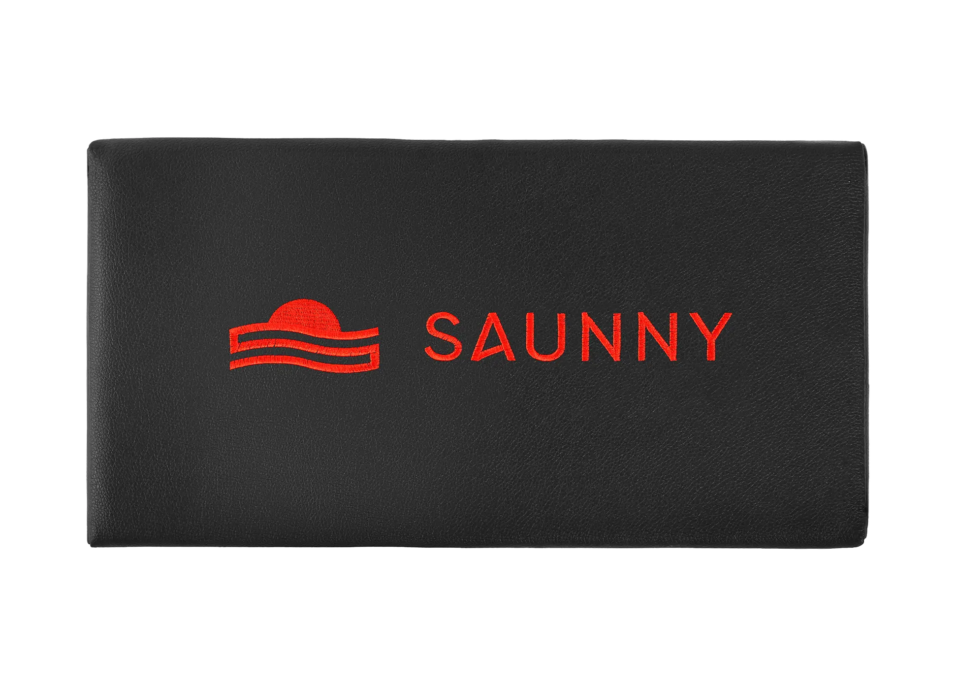 SAUNNY sauna blanket pillow top view, featuring the logo on black premium PU leather surface