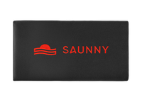 SAUNNY sauna blanket pillow top view, featuring the logo on black premium PU leather surface