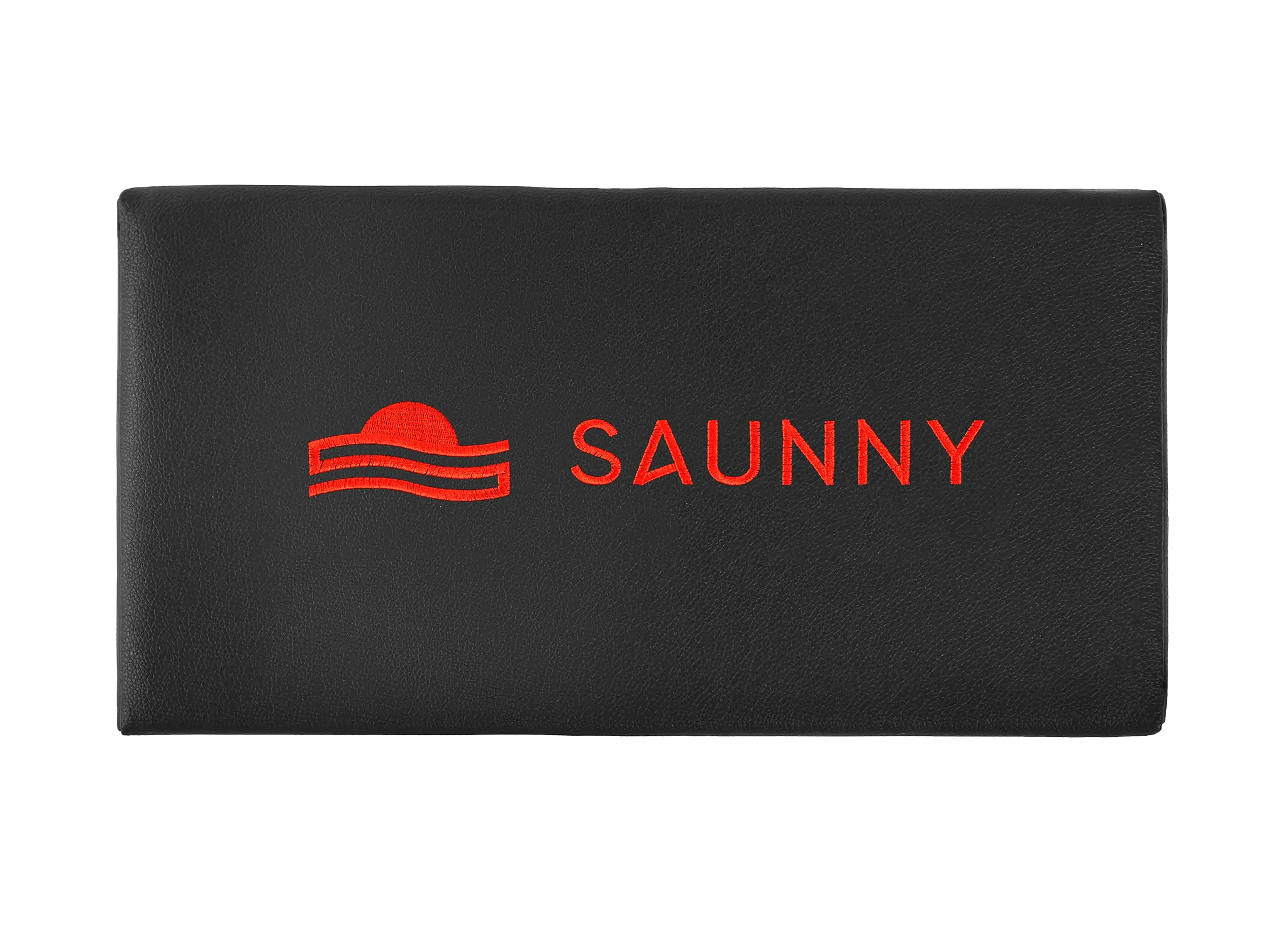 SAUNNY sauna blanket pillow top view, featuring the logo on black premium PU leather surface