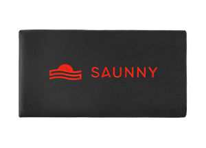 SAUNNY sauna blanket pillow top view, featuring the logo on black premium PU leather surface