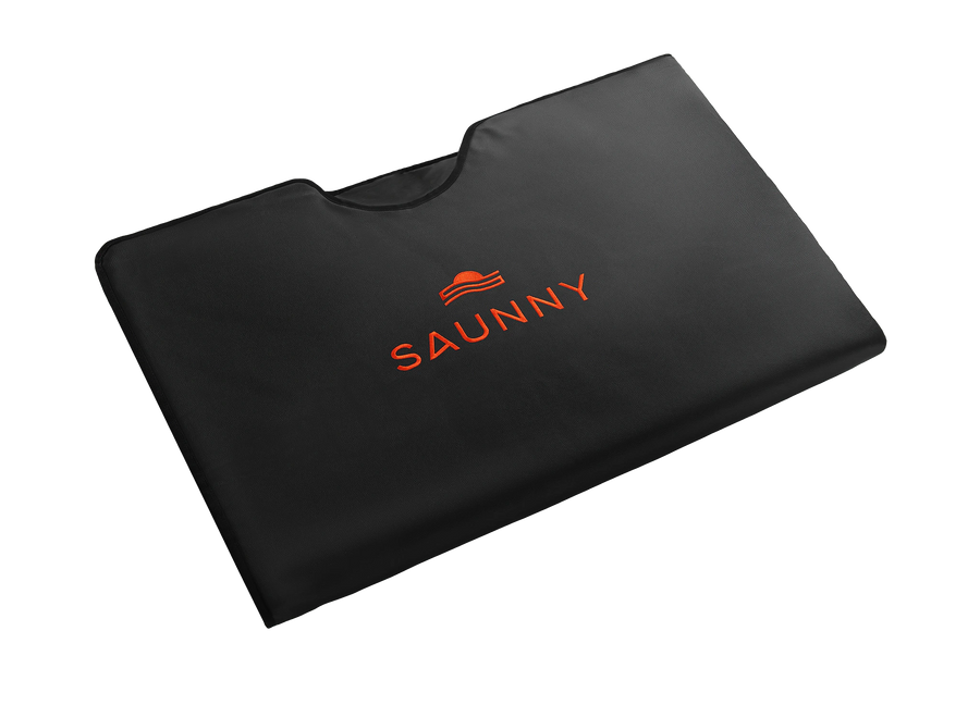 Folded SAUNNY infrared sauna blanket in black with logo, shown from front angle.