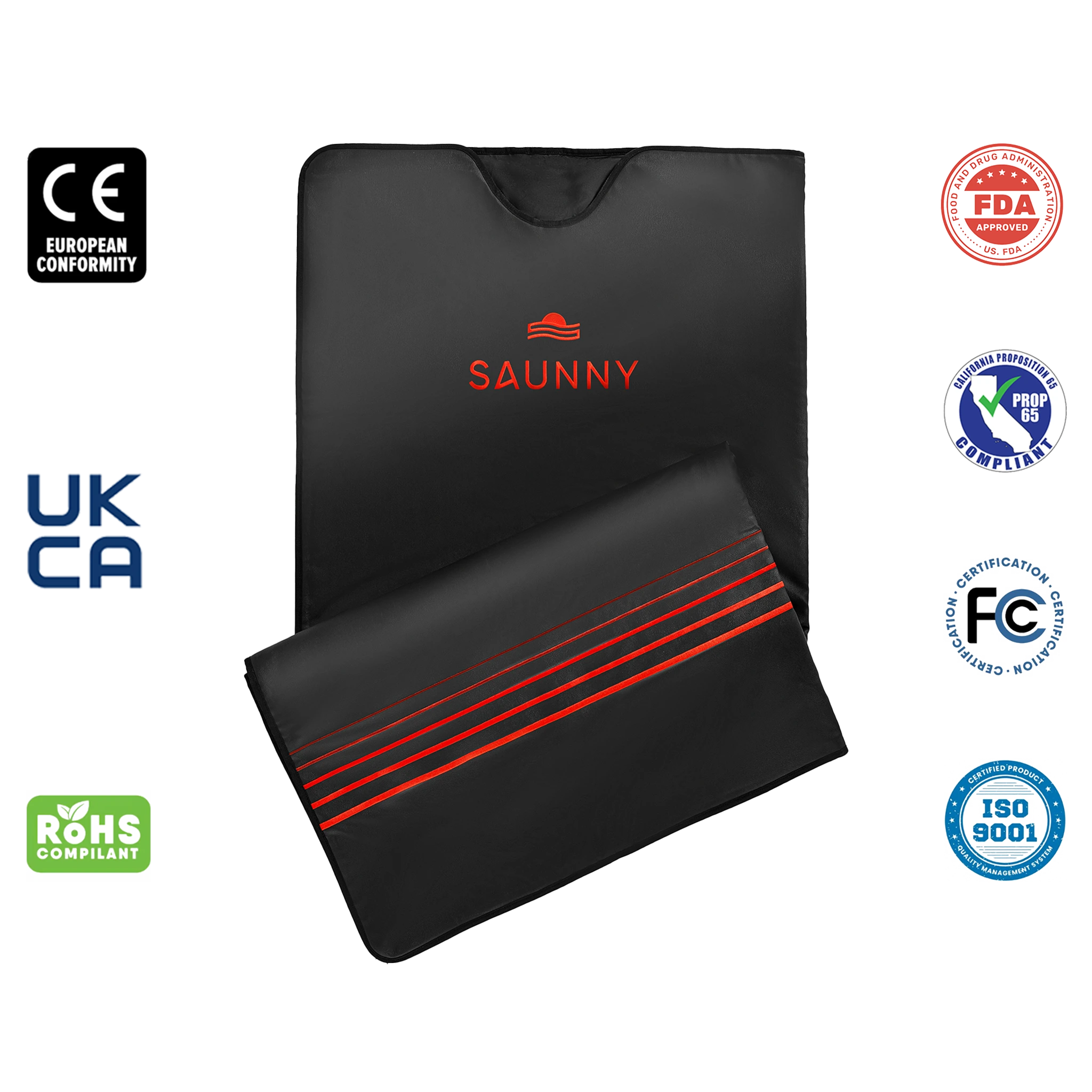 SAUNNY infrared sauna blanket displayed with various international certifications including CE, FDA, FCC, RoHS, and ISO 9001.