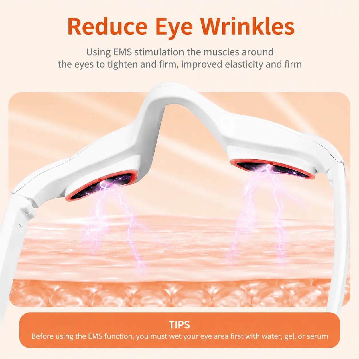 White EMS eye-wrinkle treatment device with glowing purple light effect, shown with marketing text on a peach background.