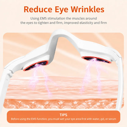 White EMS eye-wrinkle treatment device with glowing purple light effect, shown with marketing text on a peach background.