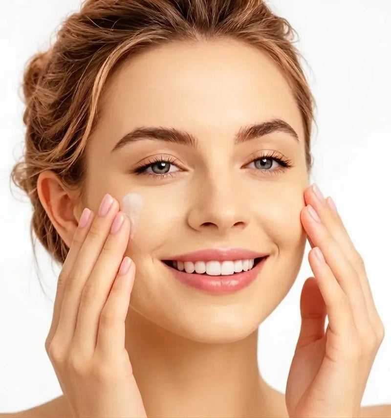 Beautiful young woman massaging facial cream on smooth glowing skin, pre-skincare routine before red light eye therapy for dark circles and fine lines, white background beauty portrait